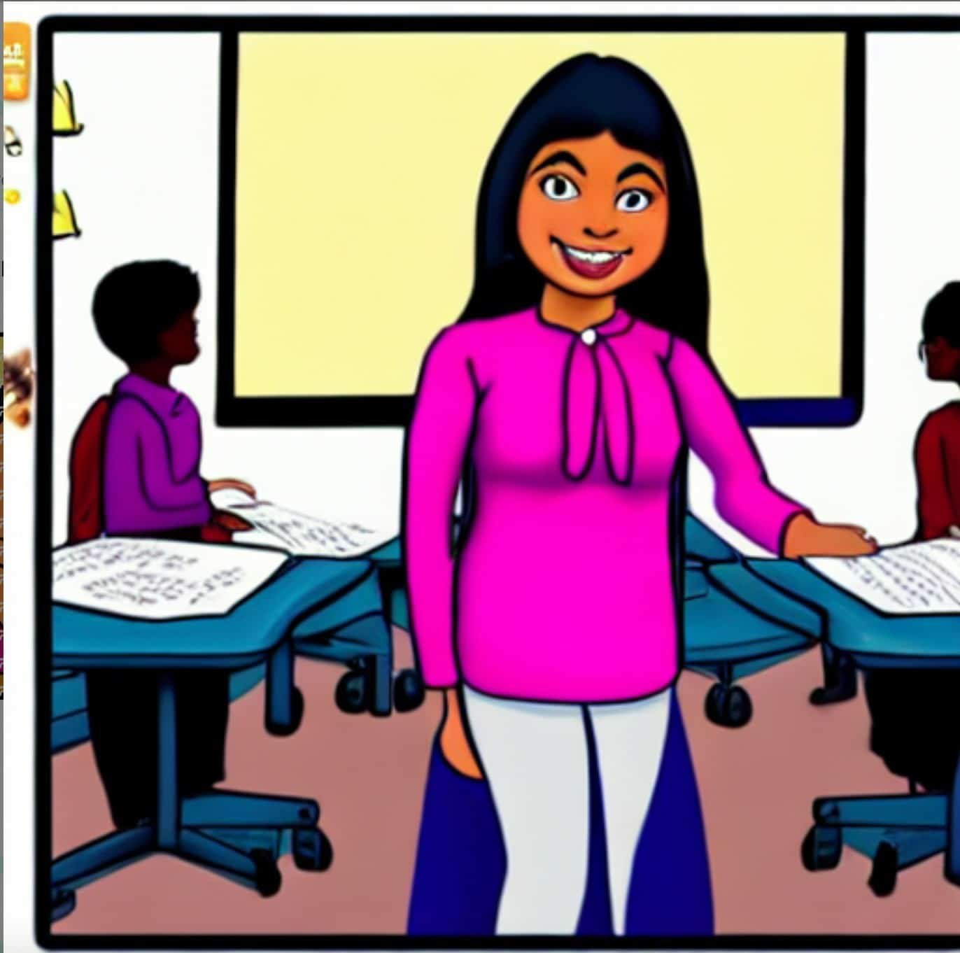 A simpsons style cartoon of Minelle teaching in a class